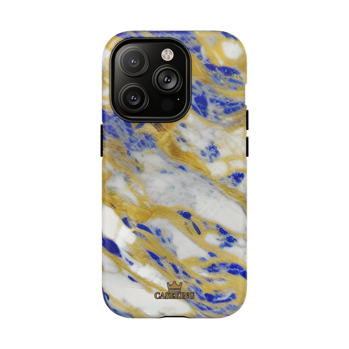 Cobalt & Gold Marble MagSafe-compatible tough case on iPhone 14 Pro, matte finish