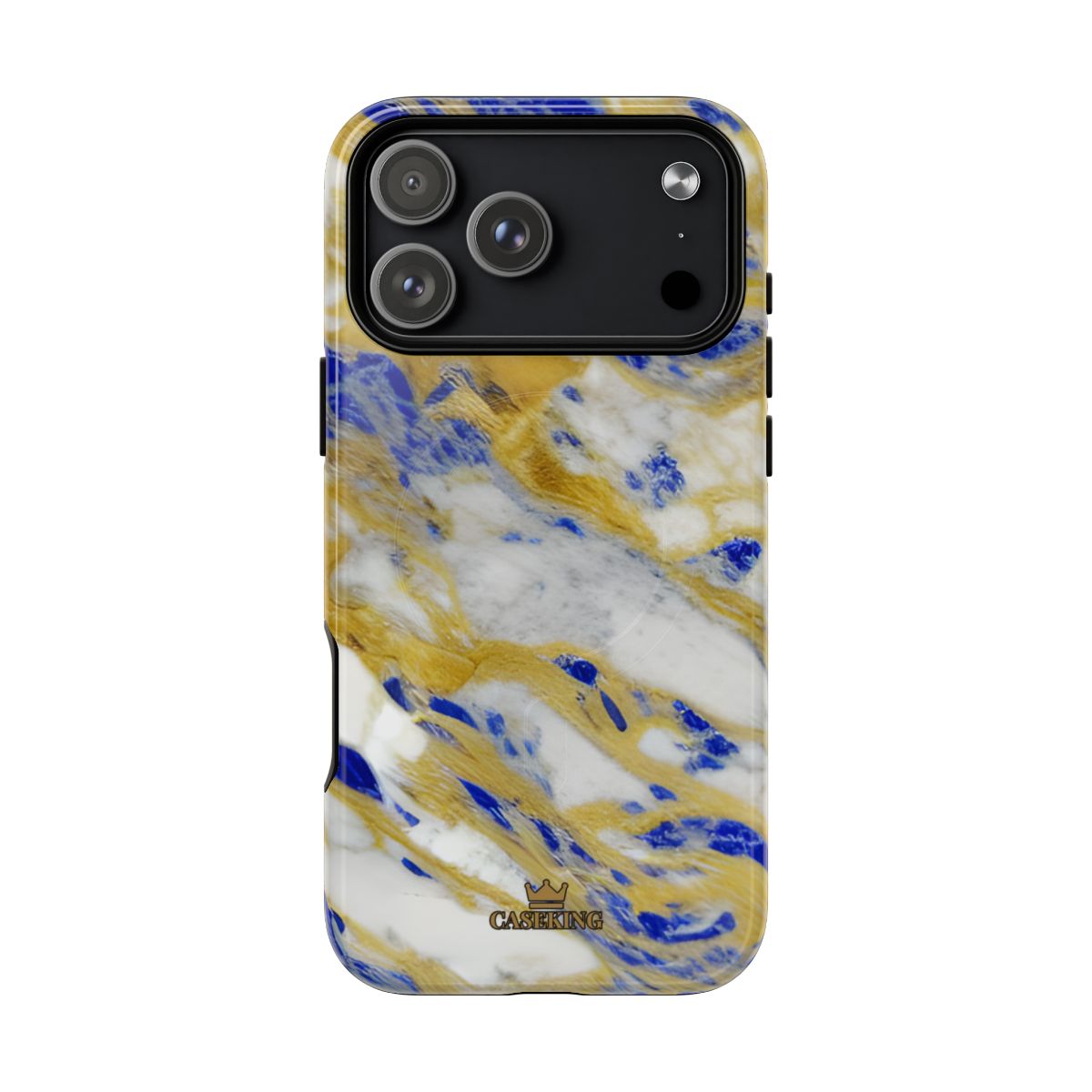 Cobalt & Gold Marble MagSafe-compatible tough case on iPhone 18 Pro Max, glossy finish