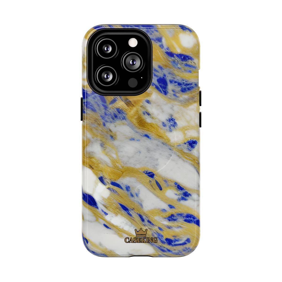 Cobalt & Gold Marble MagSafe-compatible tough case on iPhone 13 Pro, glossy finish