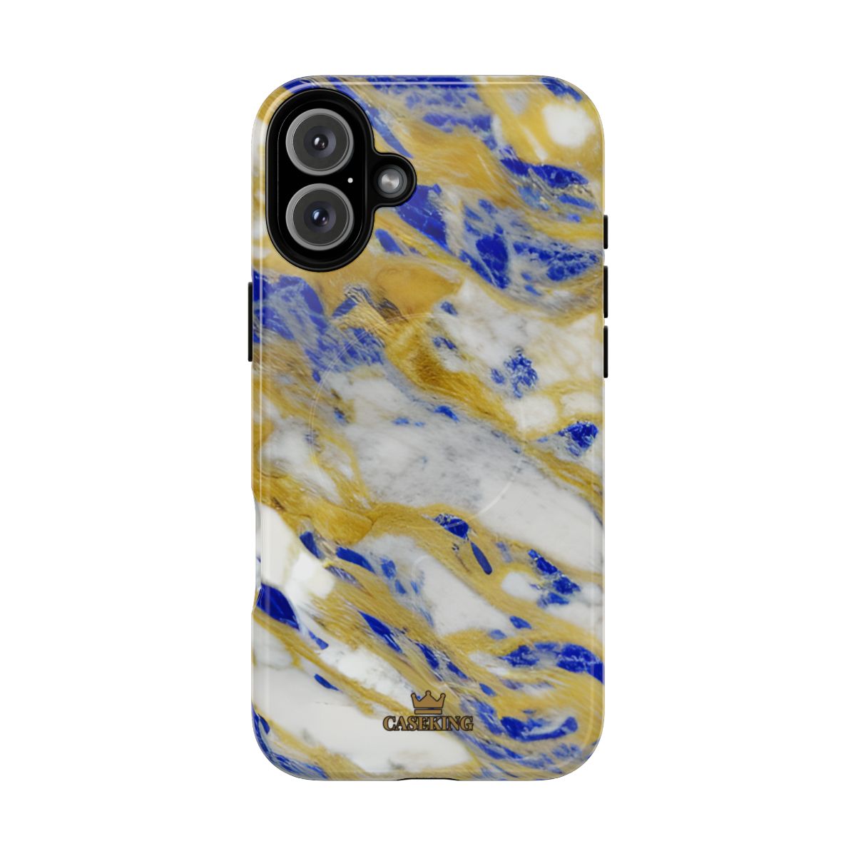Cobalt & Gold Marble MagSafe-compatible tough case on iPhone 16 Plus, glossy finish