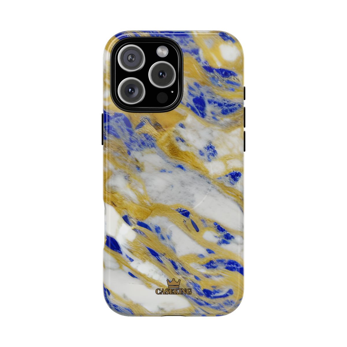 Cobalt & Gold Marble MagSafe-compatible tough case on iPhone 16 Pro Max, glossy finish