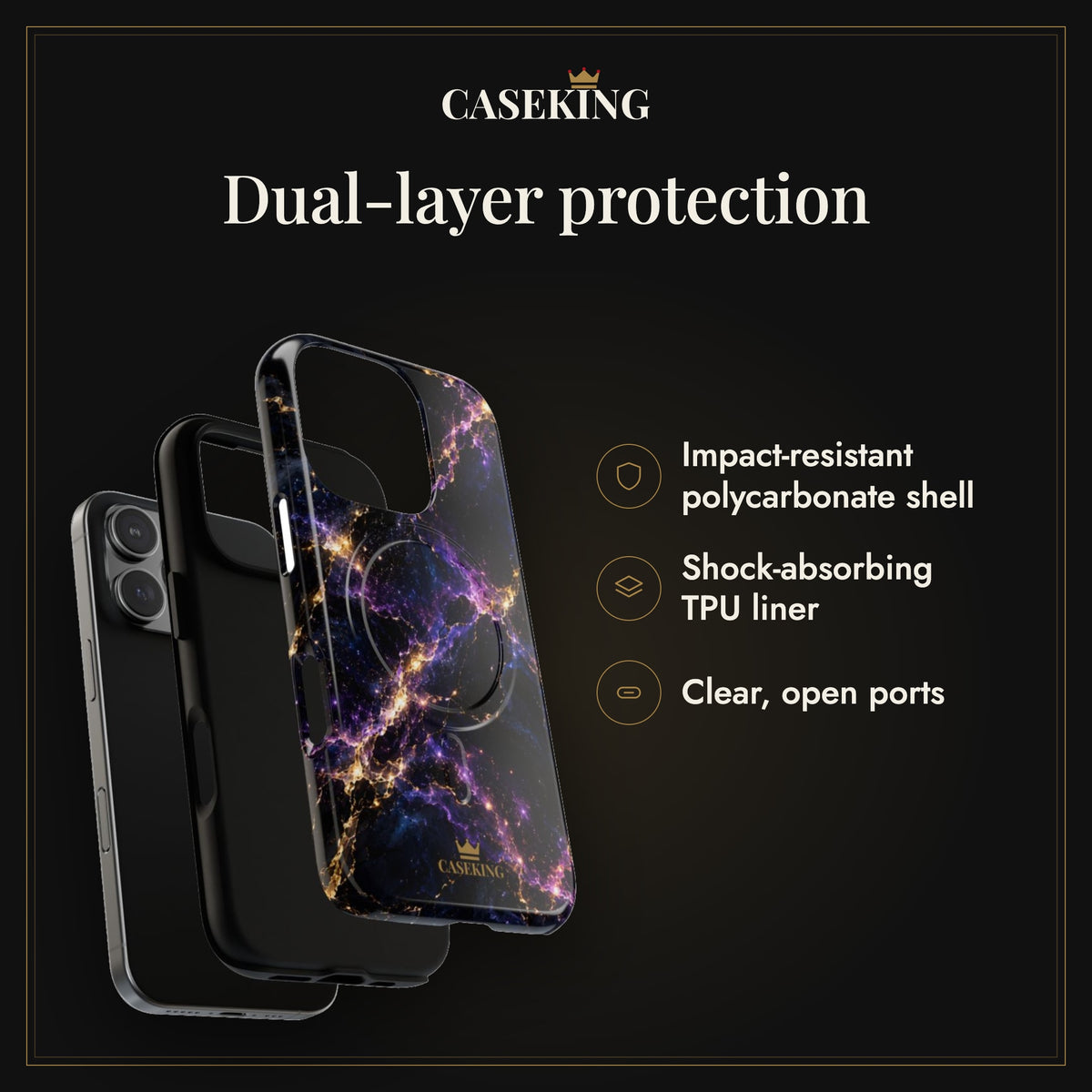 Cosmic Purple MagSafe-compatible tough case infographic 3: Dual-layer protection