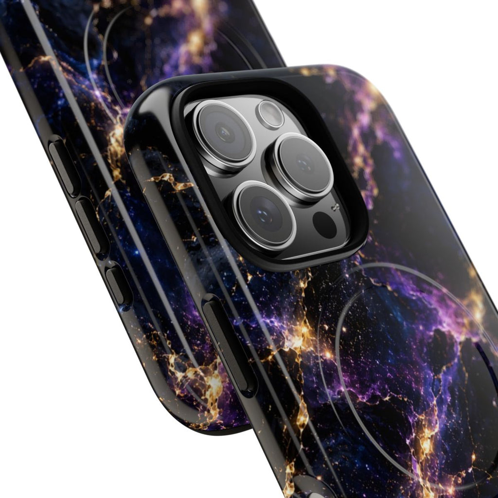 Cosmic Purple MagSafe-compatible tough case on iPhone 16 Pro, glossy finish (close-up)