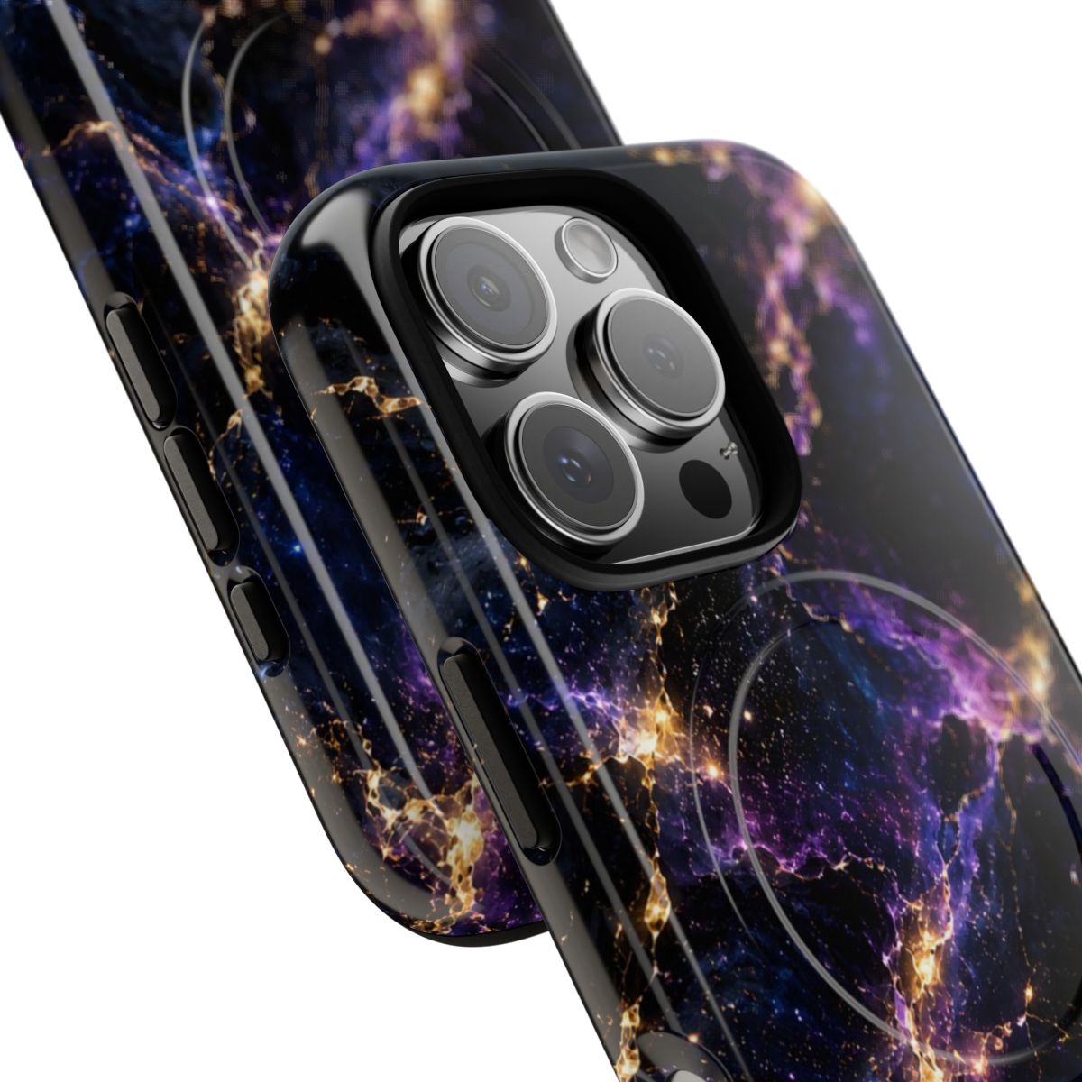 Cosmic Purple MagSafe-compatible tough case on iPhone 16 Pro, glossy finish (close-up)