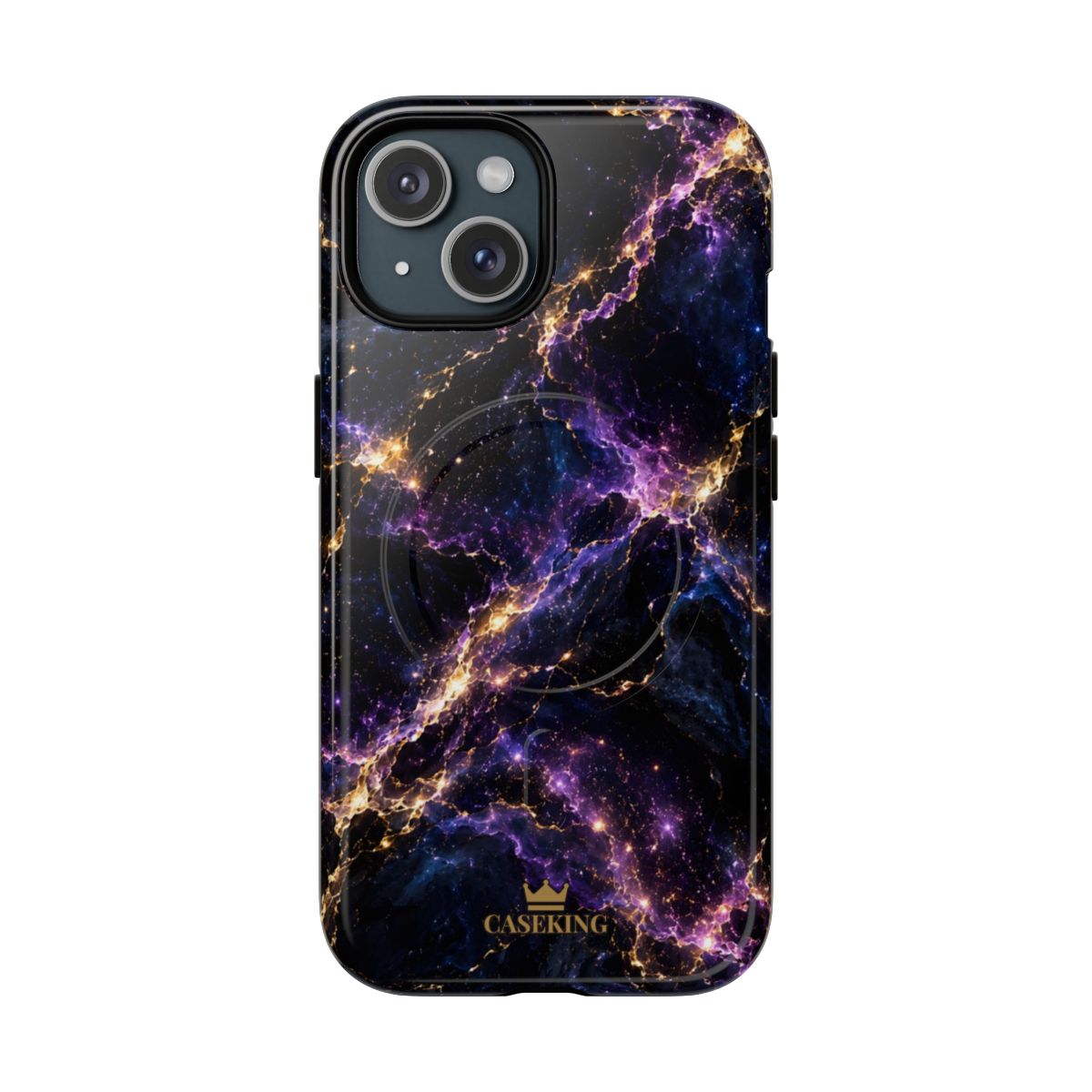 Cosmic Purple MagSafe-compatible tough case on iPhone 15, glossy finish