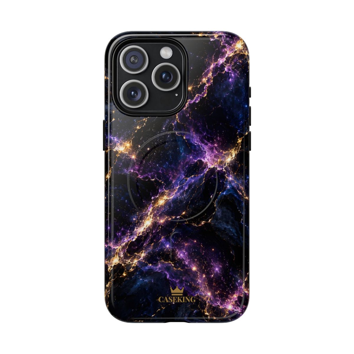 Cosmic Purple MagSafe-compatible tough case on iPhone 15 Pro Max, glossy finish