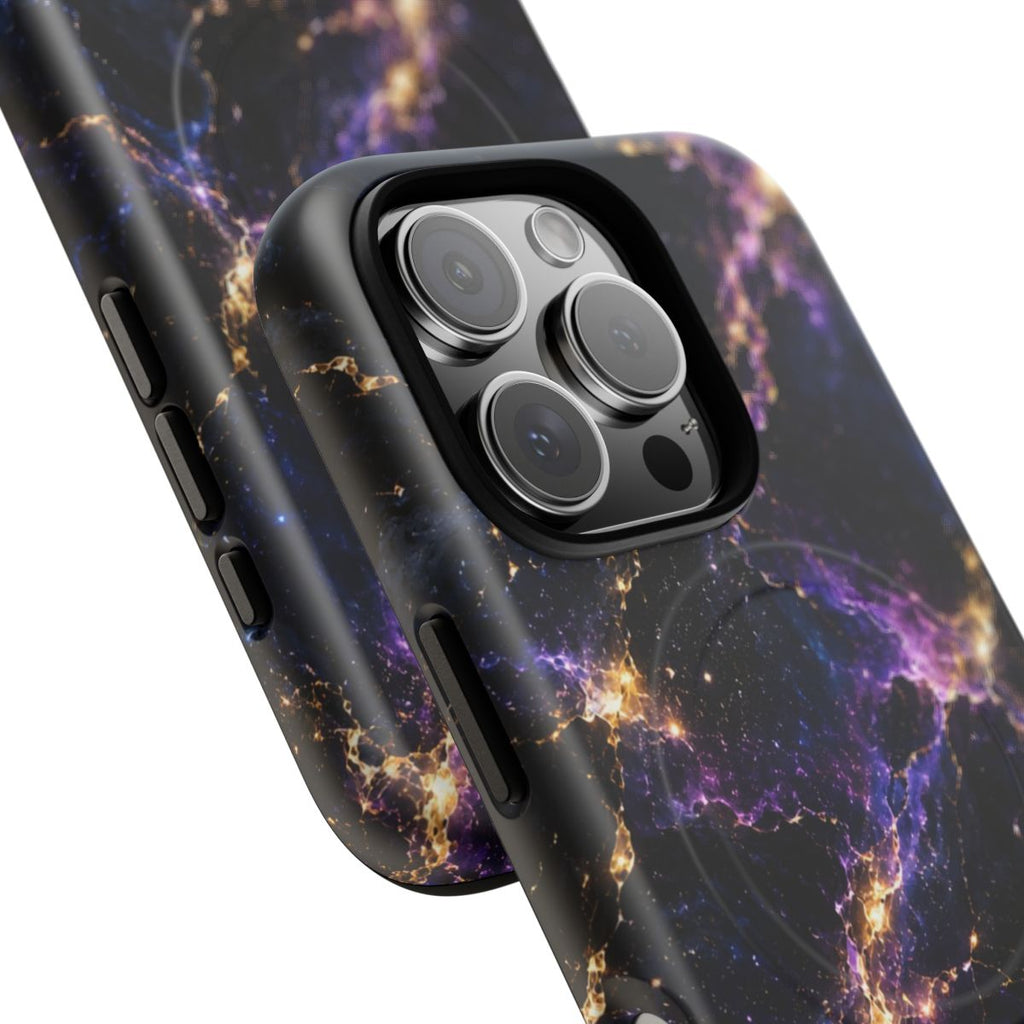 Cosmic Purple MagSafe-compatible tough case on iPhone 16 Pro, matte finish (close-up)