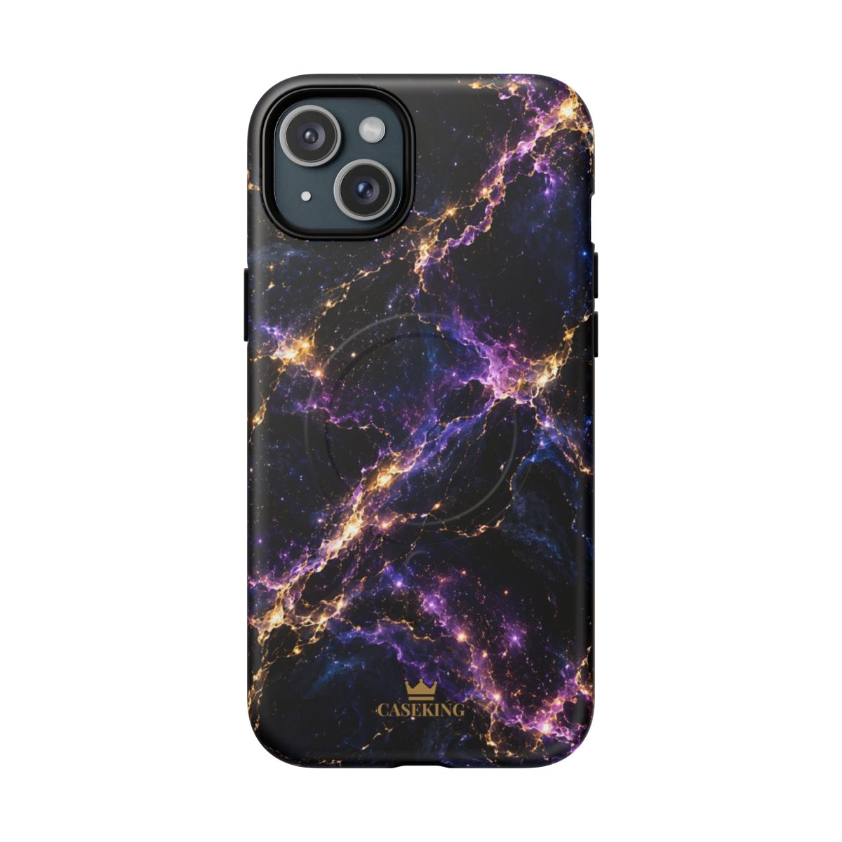 Cosmic Purple MagSafe-compatible tough case on iPhone 15 Plus, matte finish