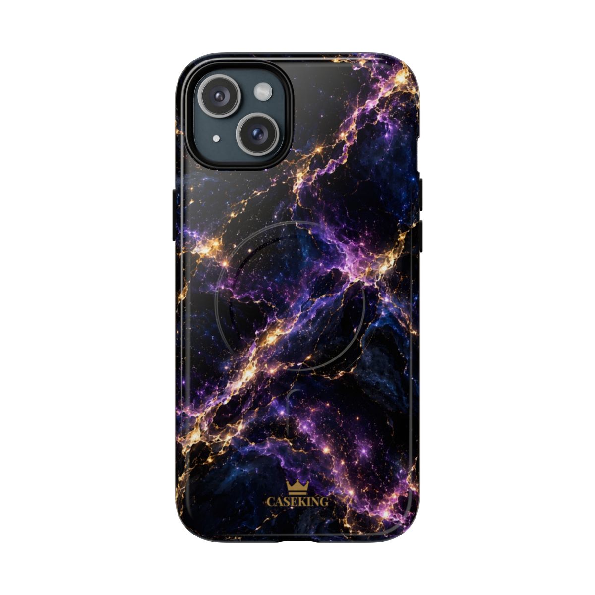 Cosmic Purple MagSafe-compatible tough case on iPhone 15 Plus, glossy finish