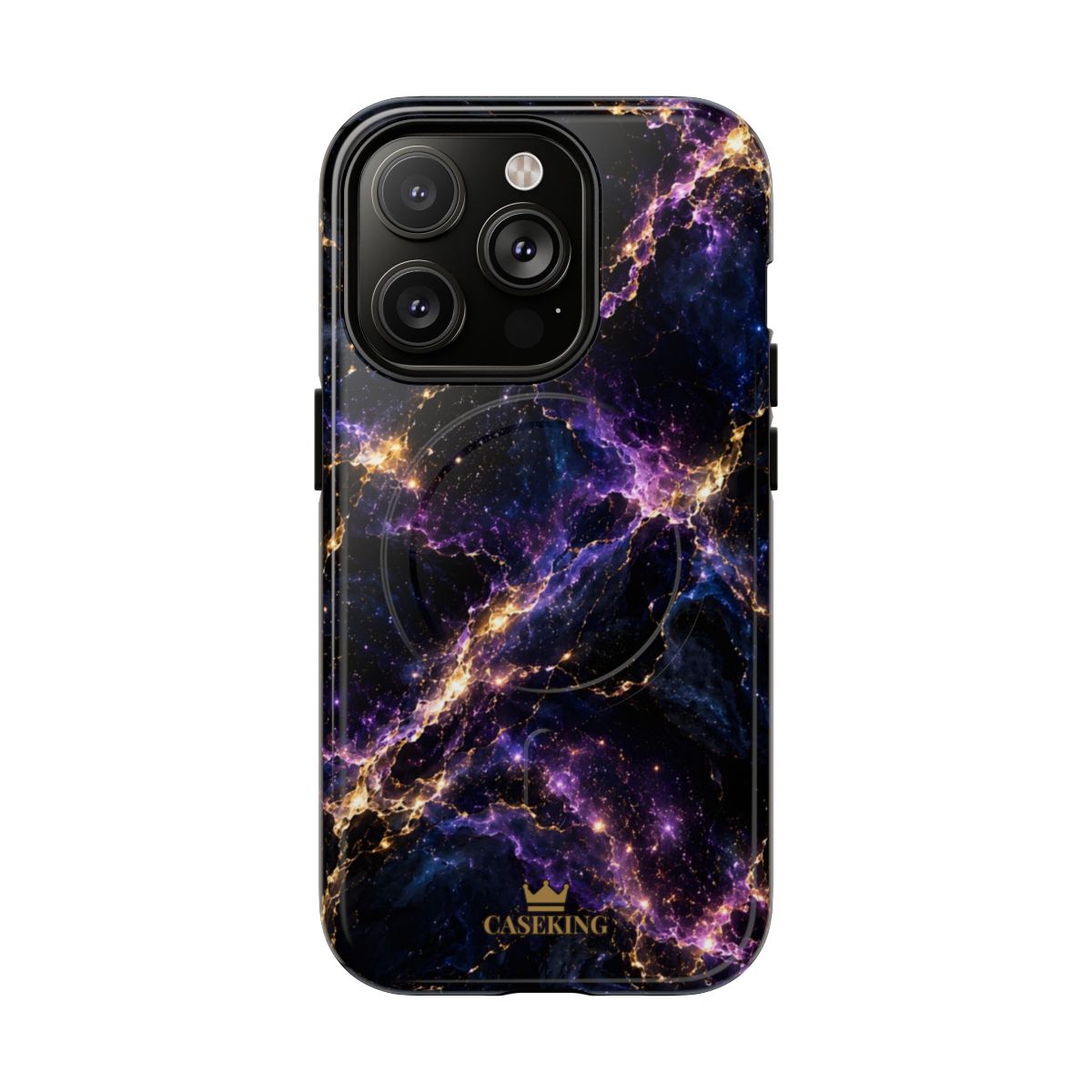 Cosmic Purple MagSafe-compatible tough case on iPhone 14 Pro, glossy finish