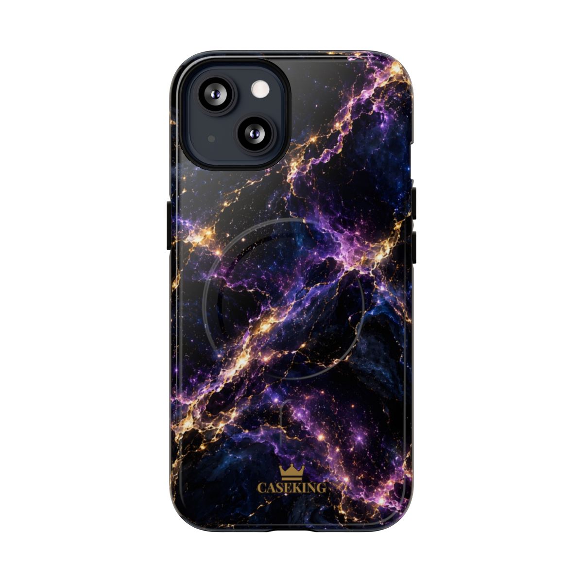 Cosmic Purple MagSafe-compatible tough case on iPhone 13, glossy finish