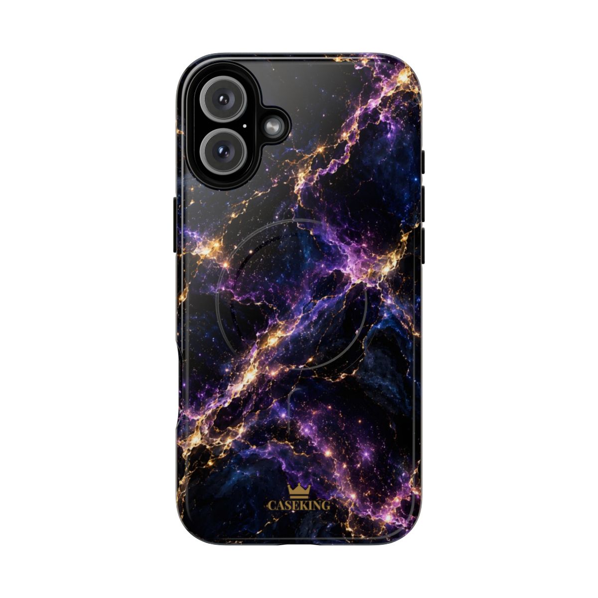 Cosmic Purple MagSafe-compatible tough case on iPhone 16 Plus, glossy finish