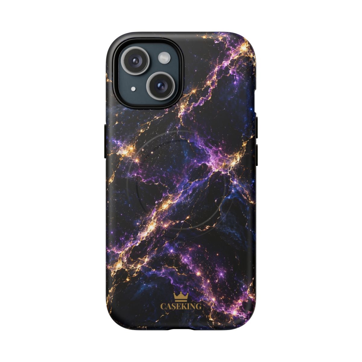 Cosmic Purple MagSafe-compatible tough case on iPhone 15, matte finish