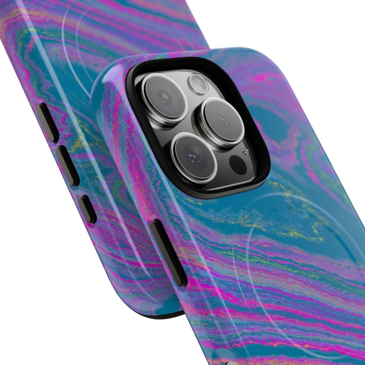 Cotton Candy Marble MagSafe-compatible tough case on iPhone 16 Pro, glossy finish (close-up)