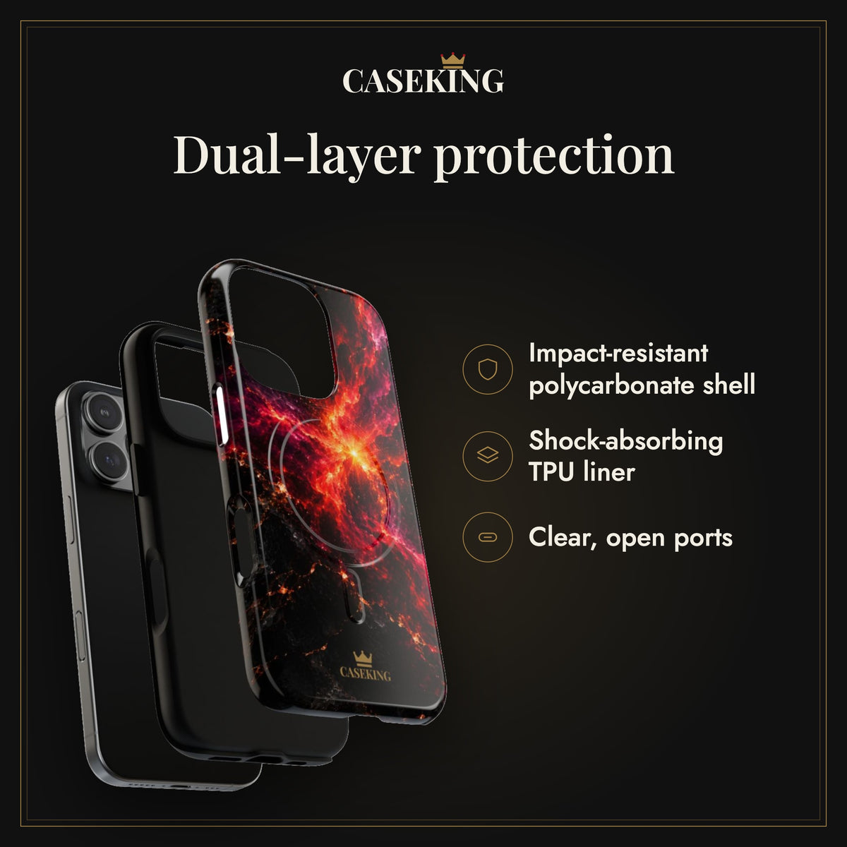 Crimson Nova MagSafe-compatible tough case infographic 3: Dual-layer protection