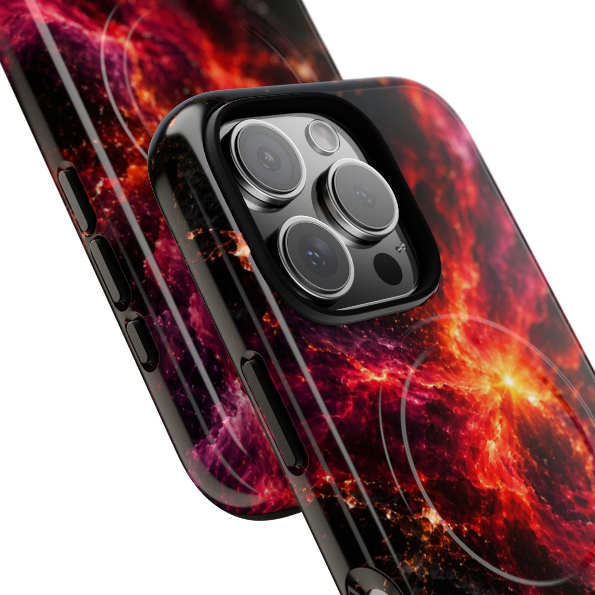 Crimson Nova MagSafe-compatible tough case on iPhone 16 Pro, glossy finish (close-up)