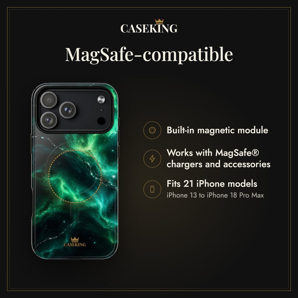 Emerald Galaxy MagSafe-compatible tough case infographic 2: MagSafe-compatible