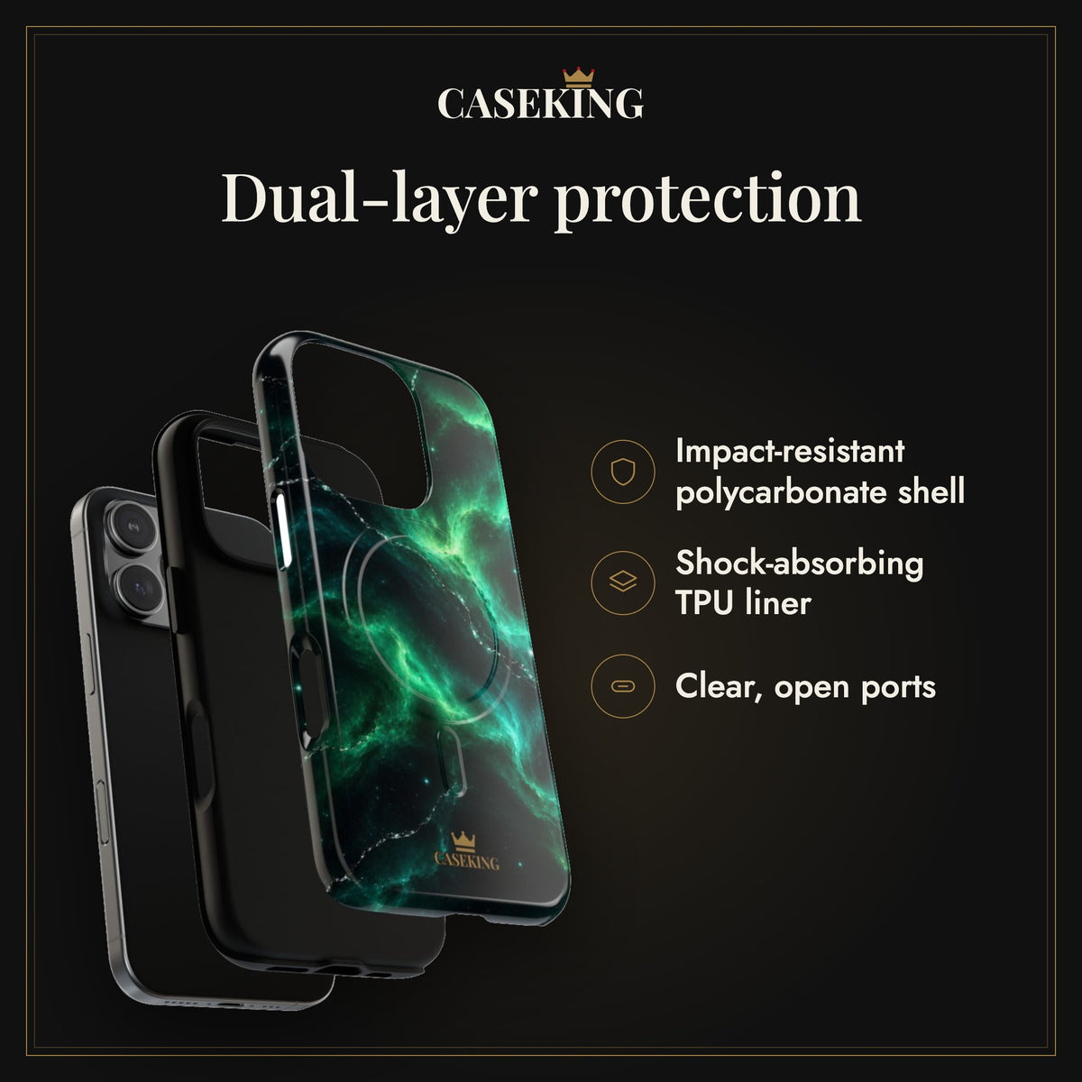 Emerald Galaxy MagSafe-compatible tough case infographic 3: Dual-layer protection