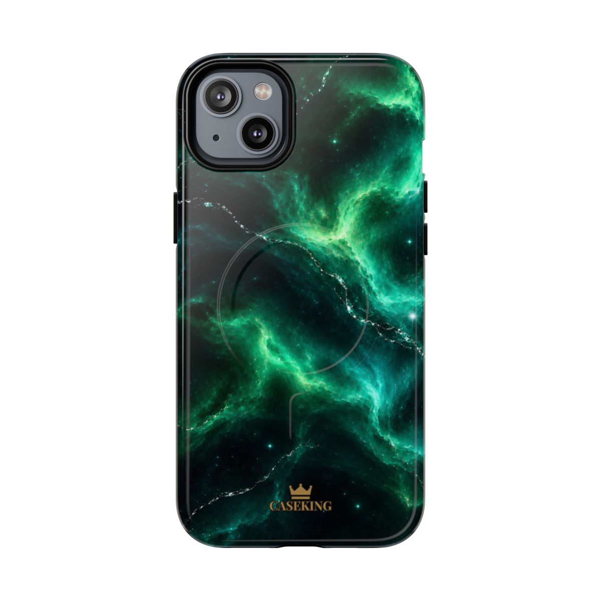 Emerald Galaxy MagSafe-compatible tough case on iPhone 14 Plus, glossy finish