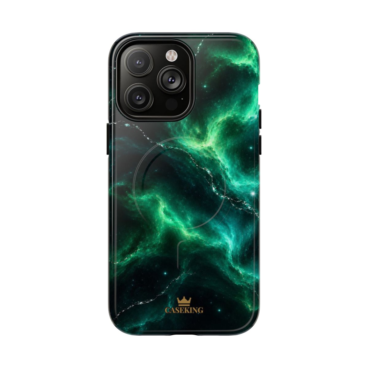 Emerald Galaxy MagSafe-compatible tough case on iPhone 14 Pro Max, glossy finish