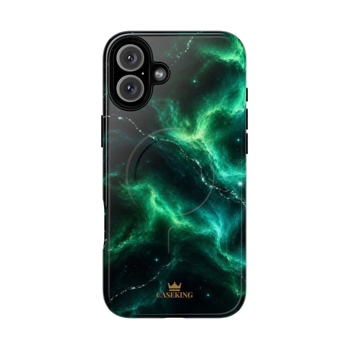 Emerald Galaxy MagSafe-compatible tough case on iPhone 16 Plus, glossy finish