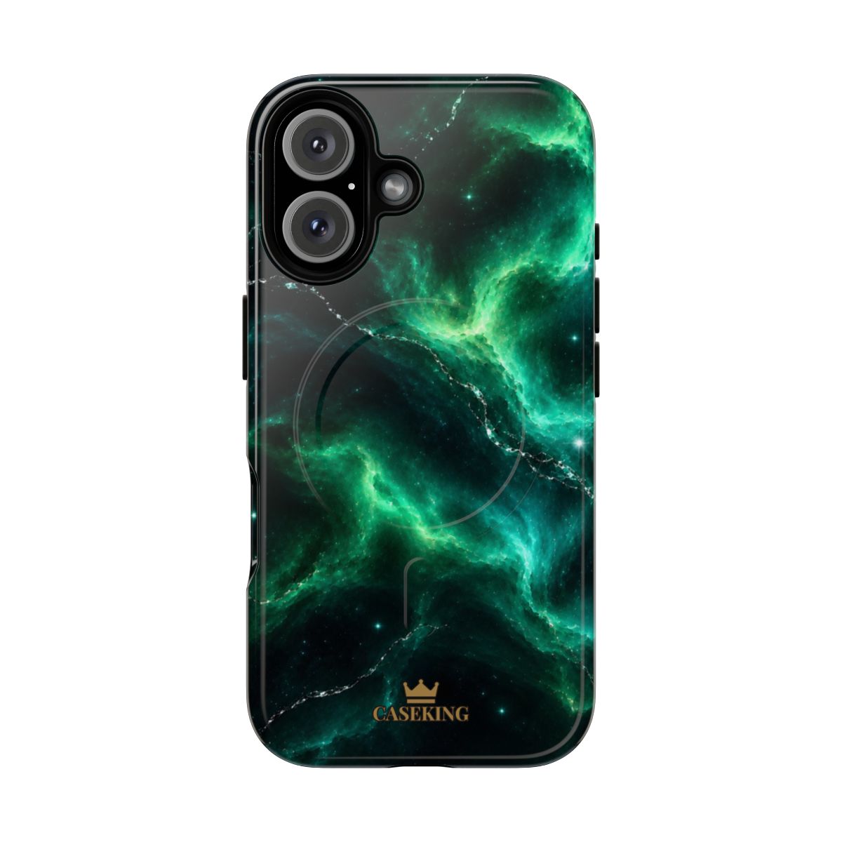 Emerald Galaxy MagSafe-compatible tough case on iPhone 16, glossy finish