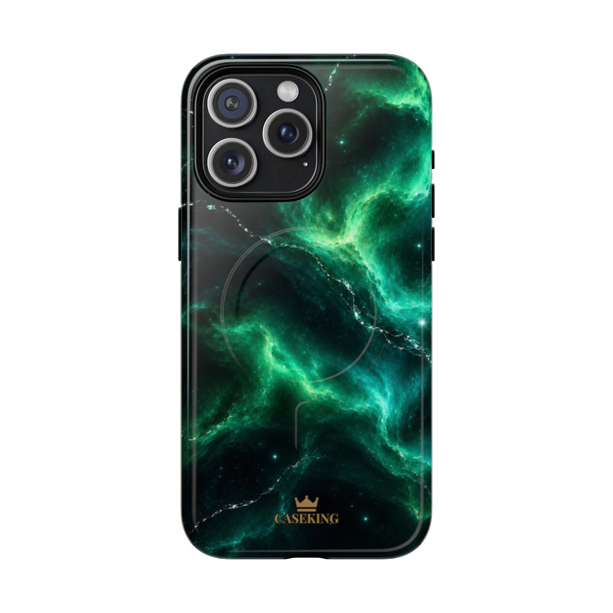Emerald Galaxy MagSafe-compatible tough case on iPhone 15 Pro Max, glossy finish