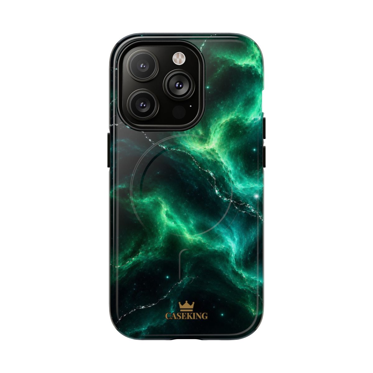Emerald Galaxy MagSafe-compatible tough case on iPhone 14 Pro, glossy finish