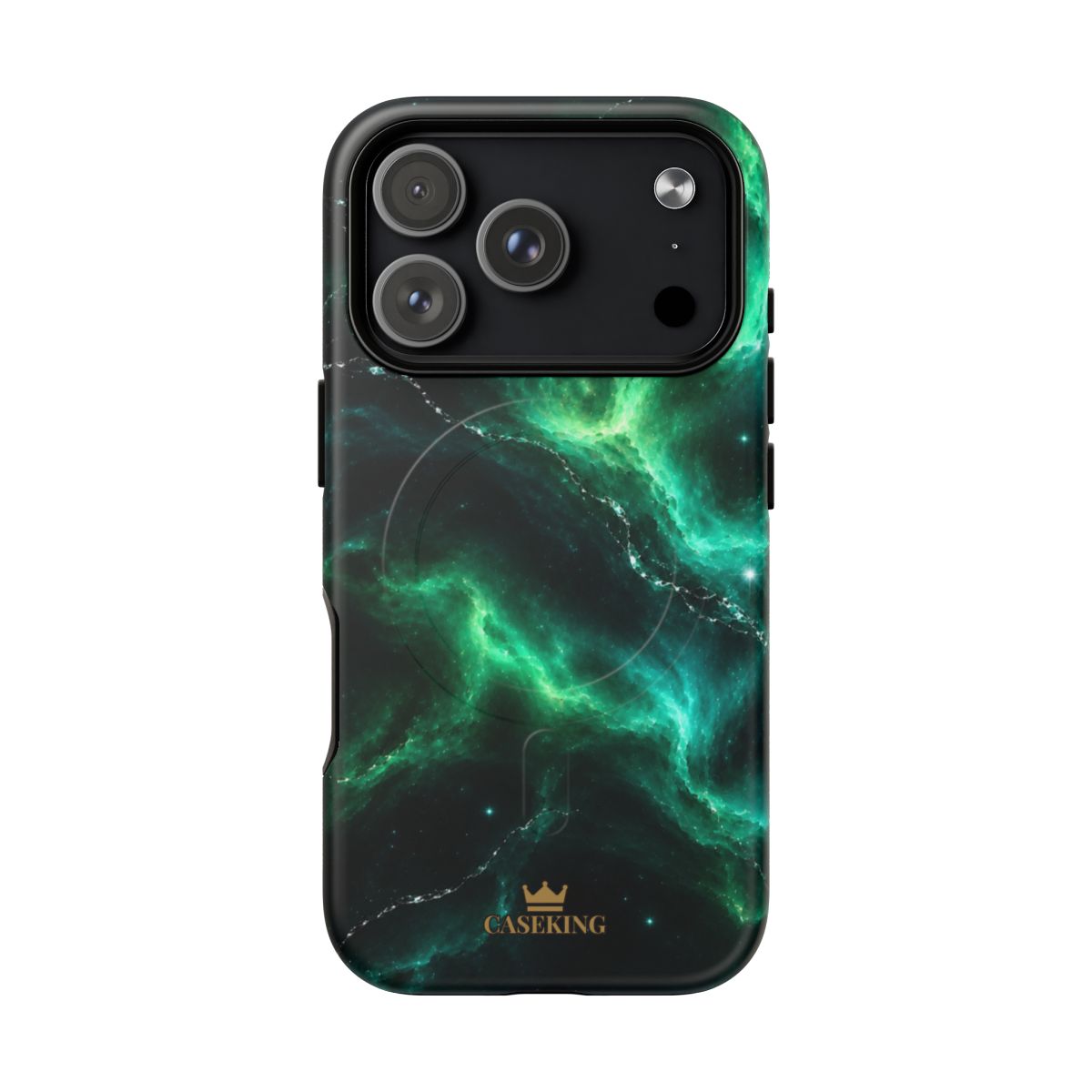 Emerald Galaxy MagSafe-compatible tough case on iPhone 17 Pro, matte finish
