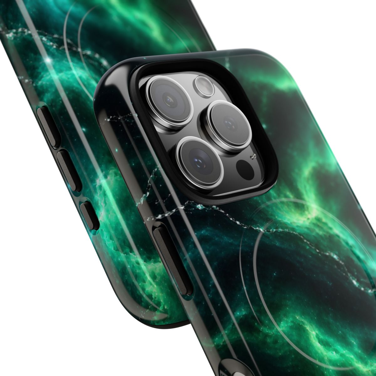 Emerald Galaxy MagSafe-compatible tough case on iPhone 16 Pro, glossy finish (close-up)