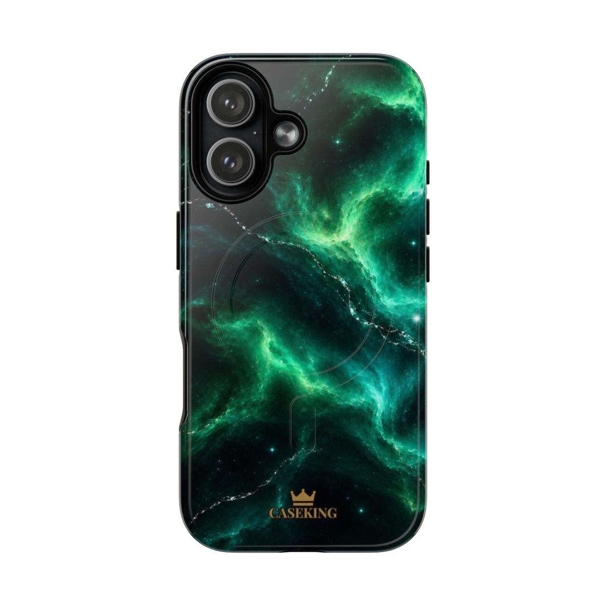 Emerald Galaxy MagSafe-compatible tough case on iPhone 17, glossy finish