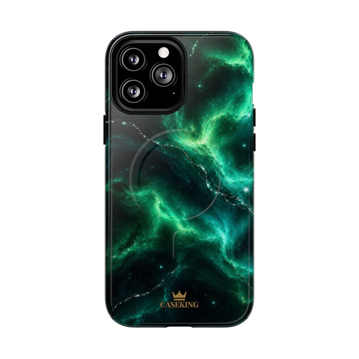 Emerald Galaxy MagSafe-compatible tough case on iPhone 13 Pro Max, glossy finish