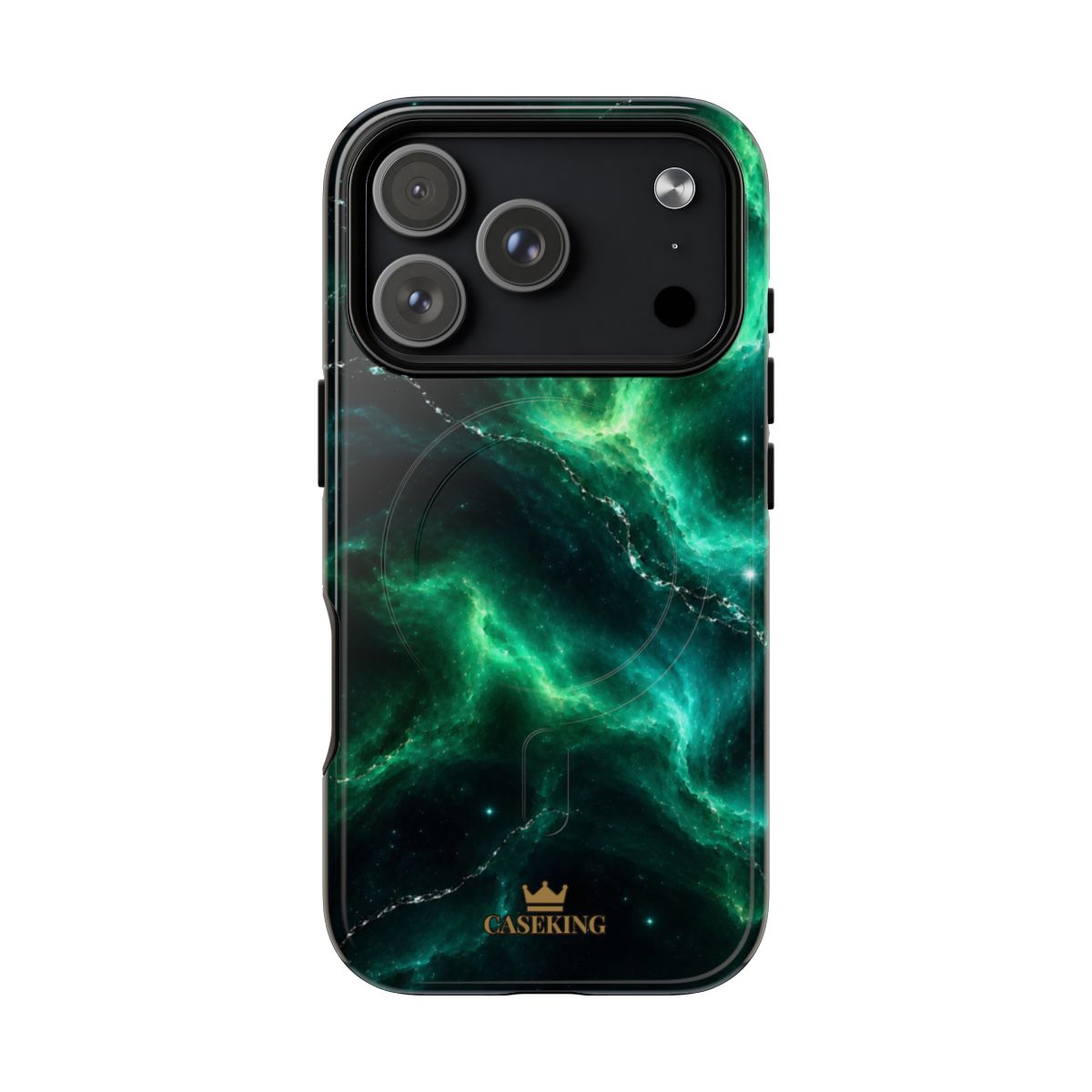 Emerald Galaxy MagSafe-compatible tough case on iPhone 17 Pro, glossy finish