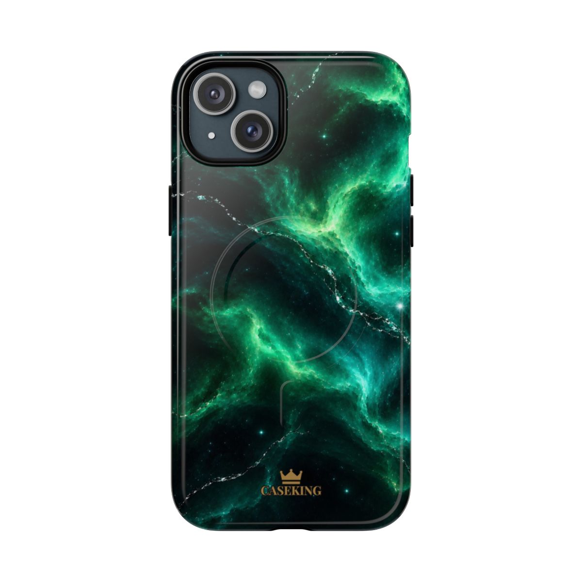 Emerald Galaxy MagSafe-compatible tough case on iPhone 15 Plus, glossy finish