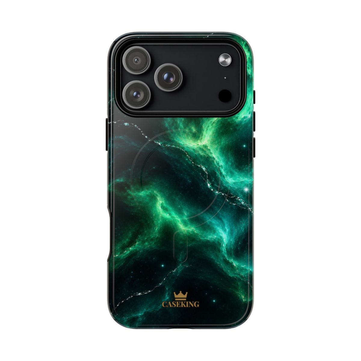 Emerald Galaxy MagSafe-compatible tough case on iPhone 17 Pro Max, glossy finish