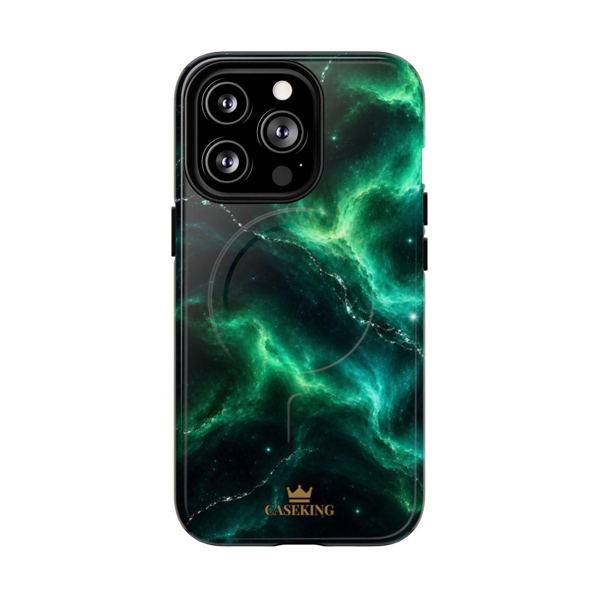 Emerald Galaxy MagSafe-compatible tough case on iPhone 13 Pro, glossy finish