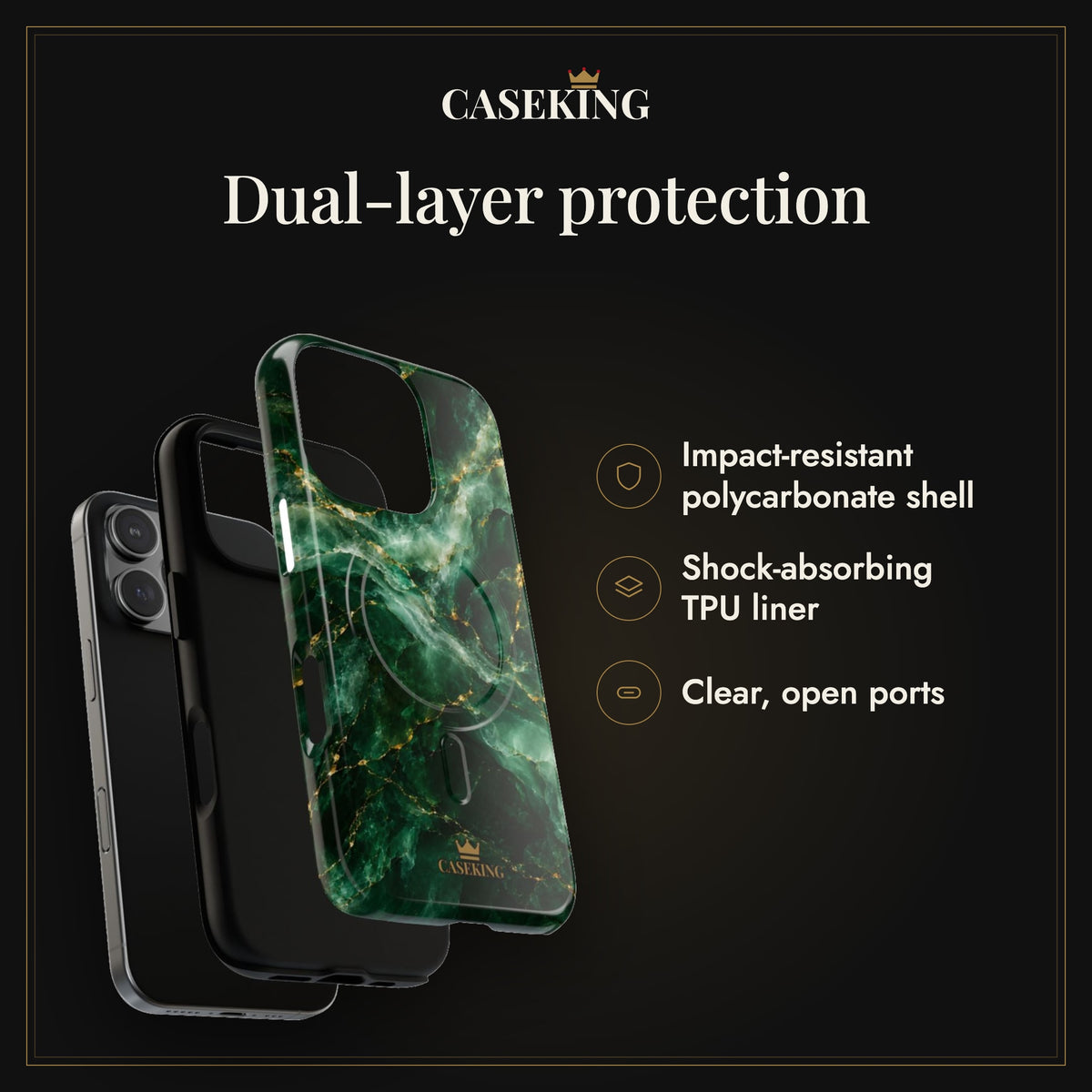 Emerald Jade MagSafe-compatible tough case infographic 3: Dual-layer protection