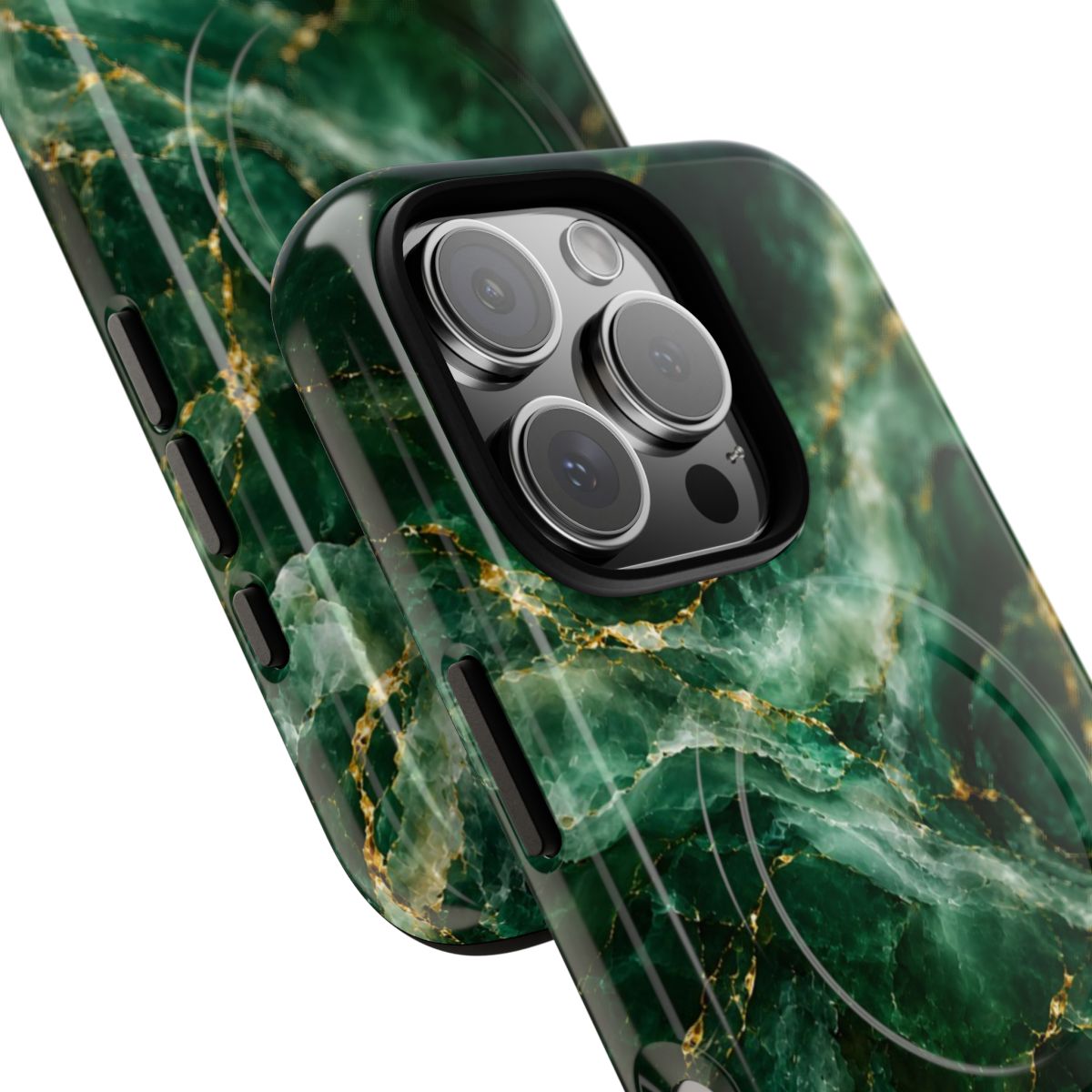 Emerald Jade MagSafe-compatible tough case on iPhone 16 Pro, glossy finish (close-up)