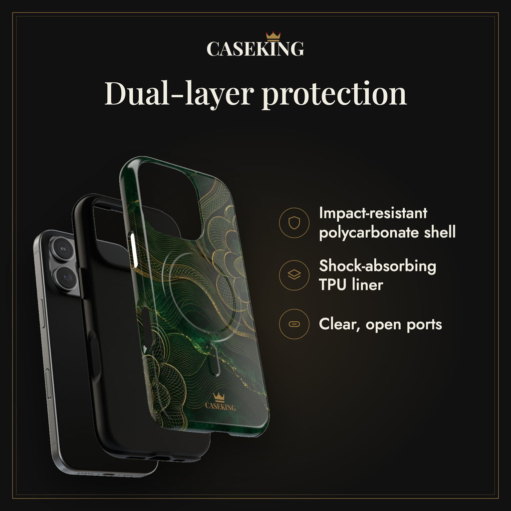 Emerald Reserve MagSafe-compatible tough case infographic 3: Dual-layer protection