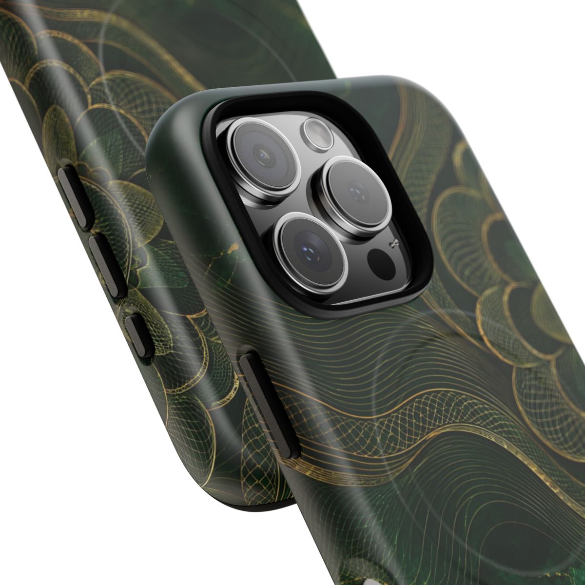 Emerald Reserve MagSafe-compatible tough case on iPhone 16 Pro, matte finish (close-up)