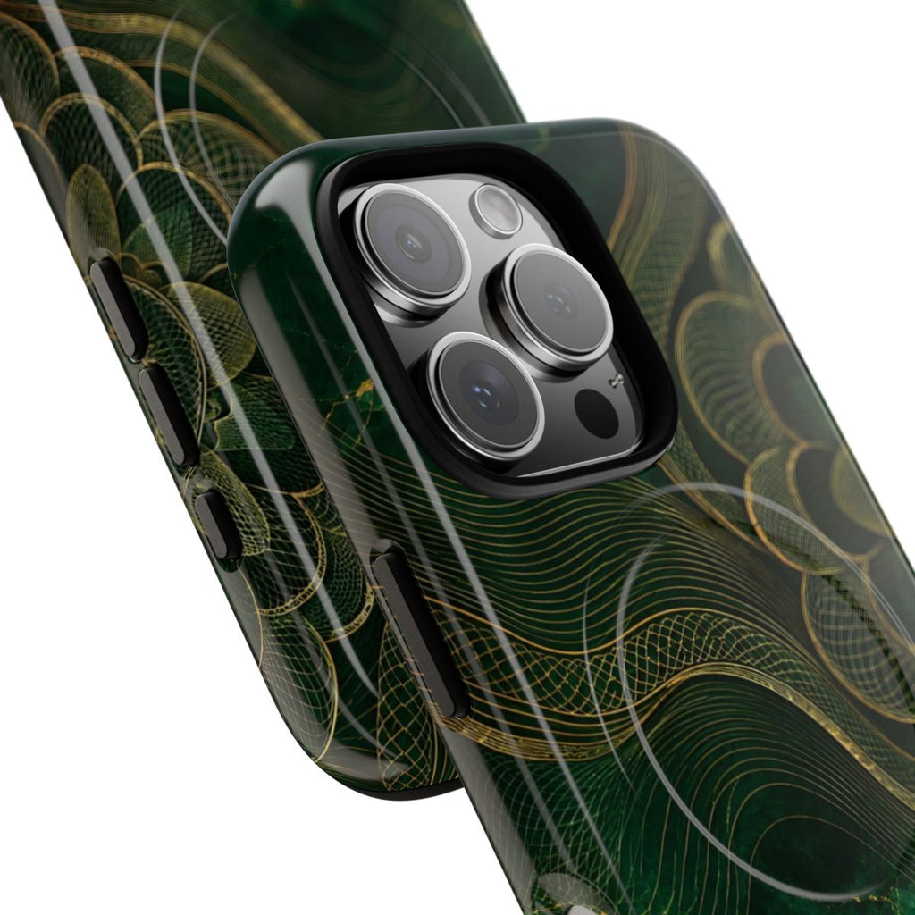 Emerald Reserve MagSafe-compatible tough case on iPhone 16 Pro, glossy finish (close-up)