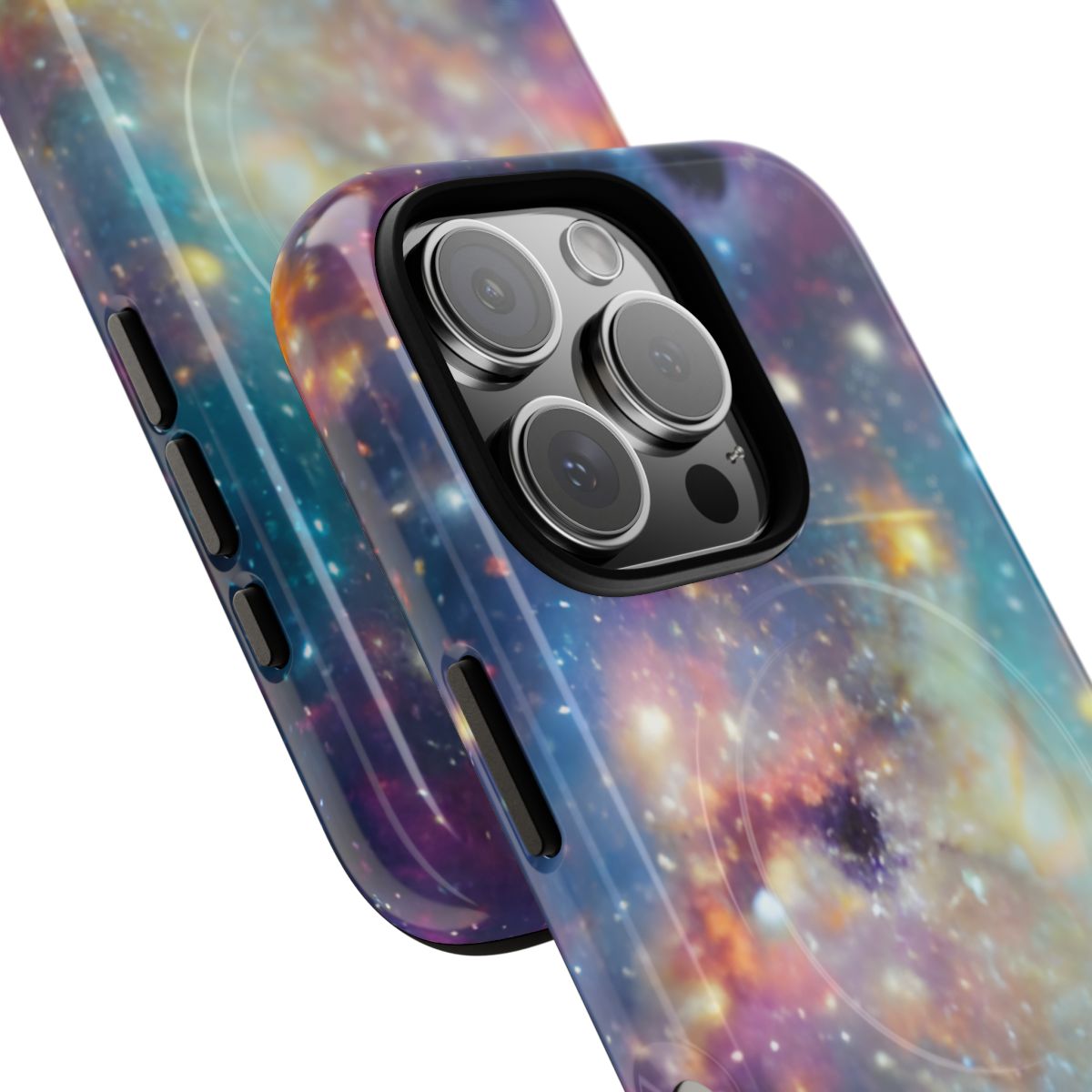 Galaxy Storm MagSafe-compatible tough case on iPhone 16 Pro, glossy finish (close-up)