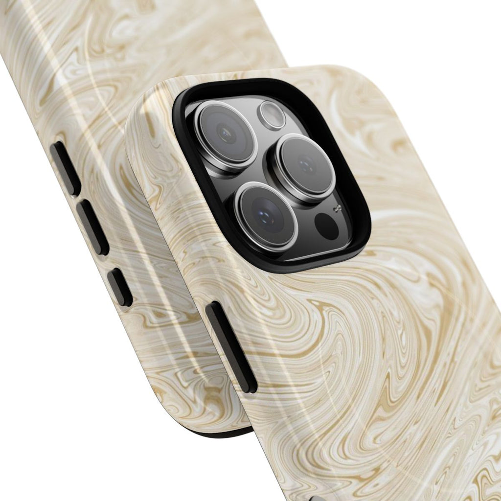 Gold Swirl MagSafe-compatible tough case on iPhone 16 Pro, glossy finish (close-up)