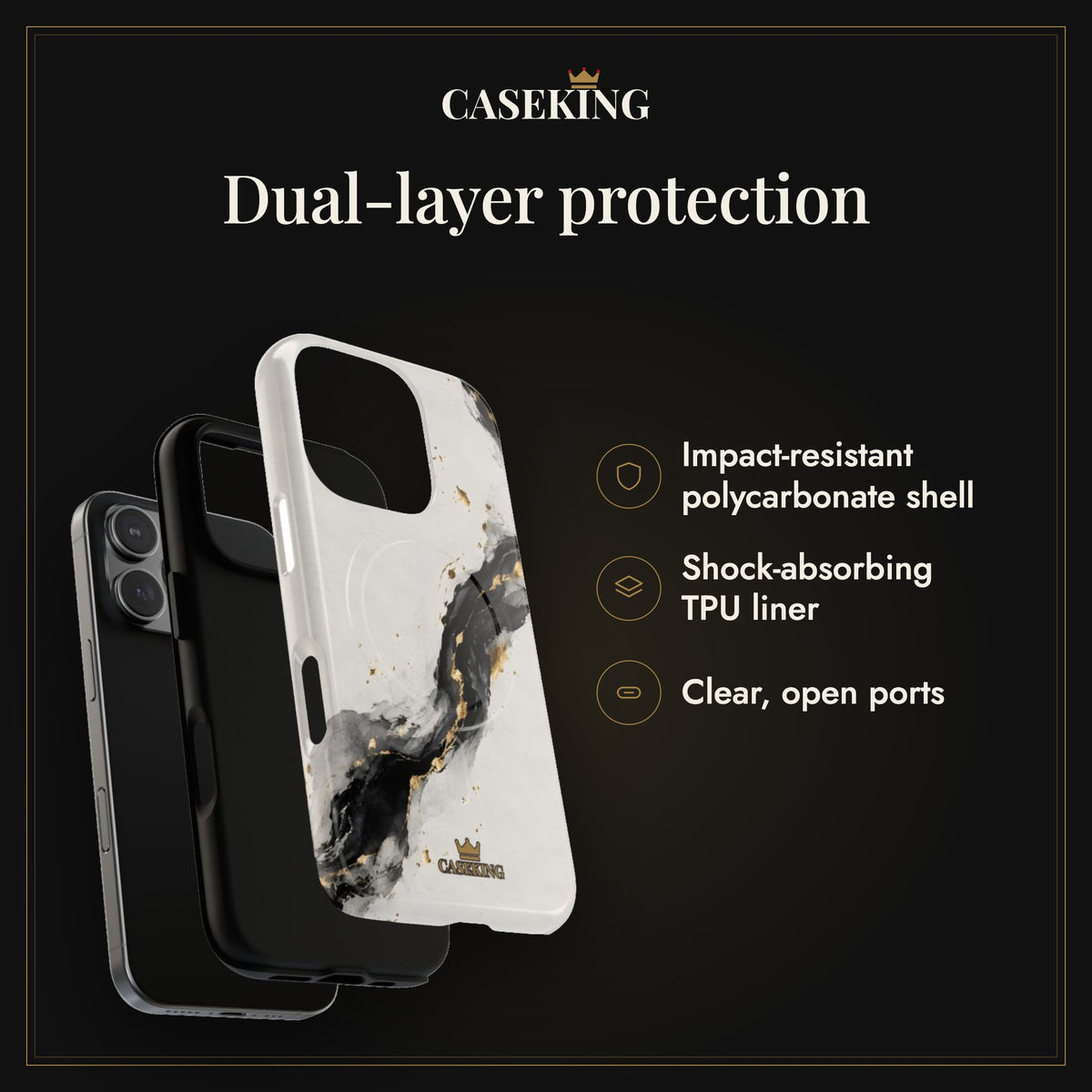 Ink & Gold MagSafe-compatible tough case infographic 3: Dual-layer protection