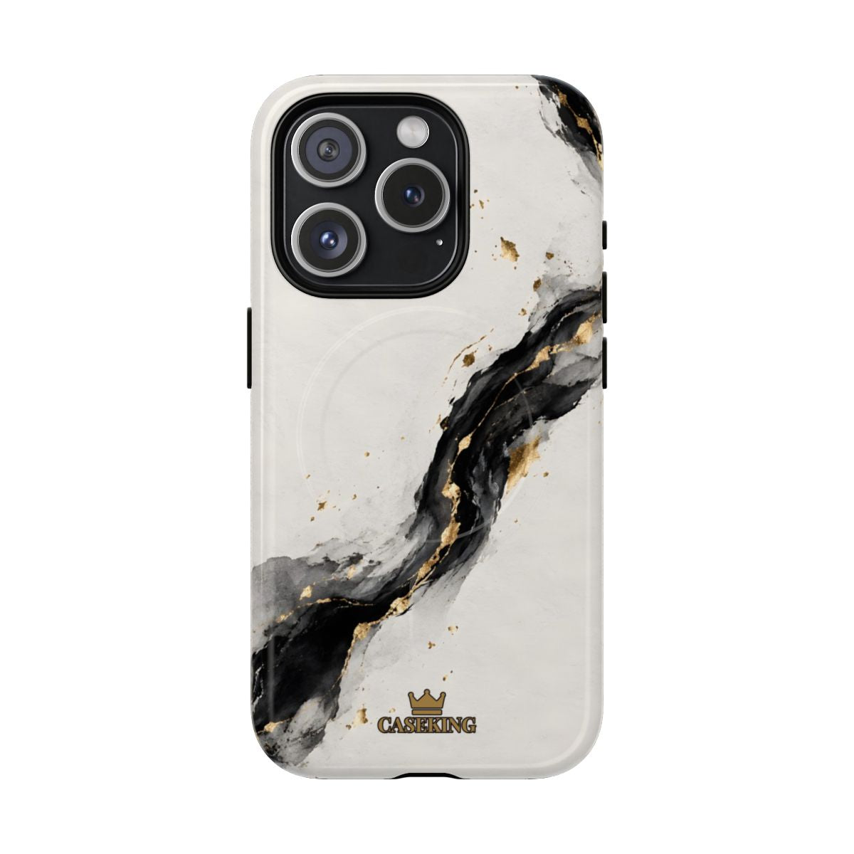 Ink & Gold MagSafe-compatible tough case on iPhone 15 Pro, glossy finish