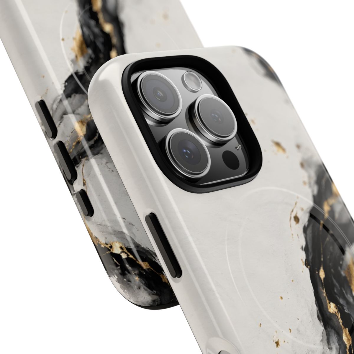 Ink & Gold MagSafe-compatible tough case on iPhone 16 Pro, glossy finish (close-up)
