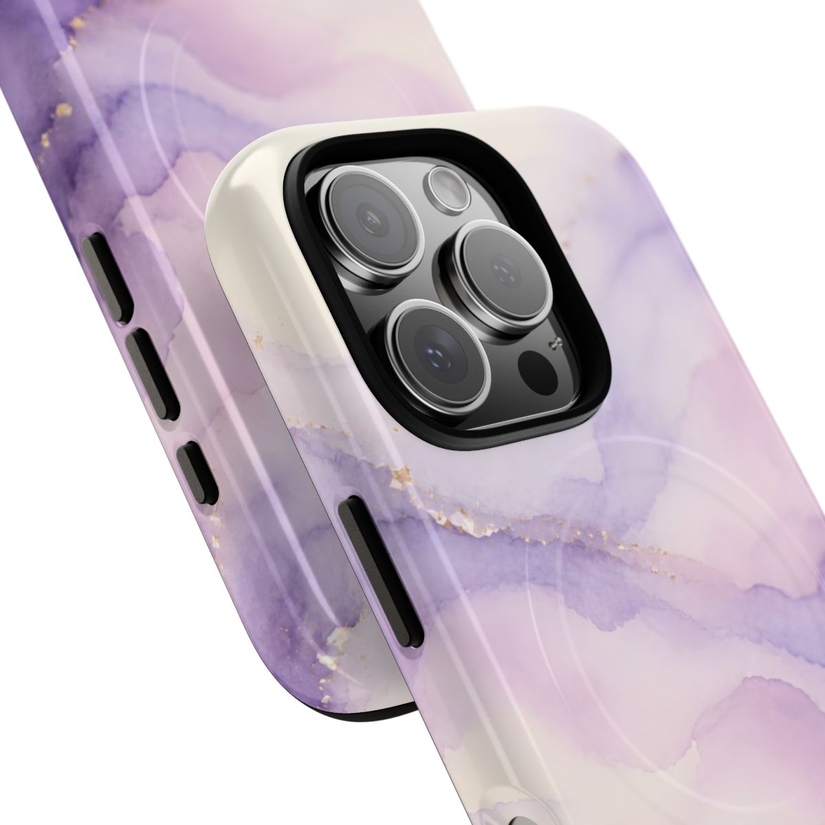 Lavender MagSafe-compatible tough case on iPhone 16 Pro, glossy finish (close-up)