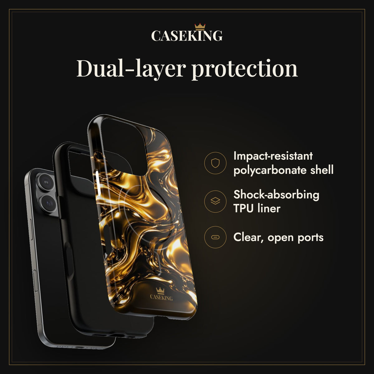 Liquid Gold MagSafe-compatible tough case infographic 3: Dual-layer protection
