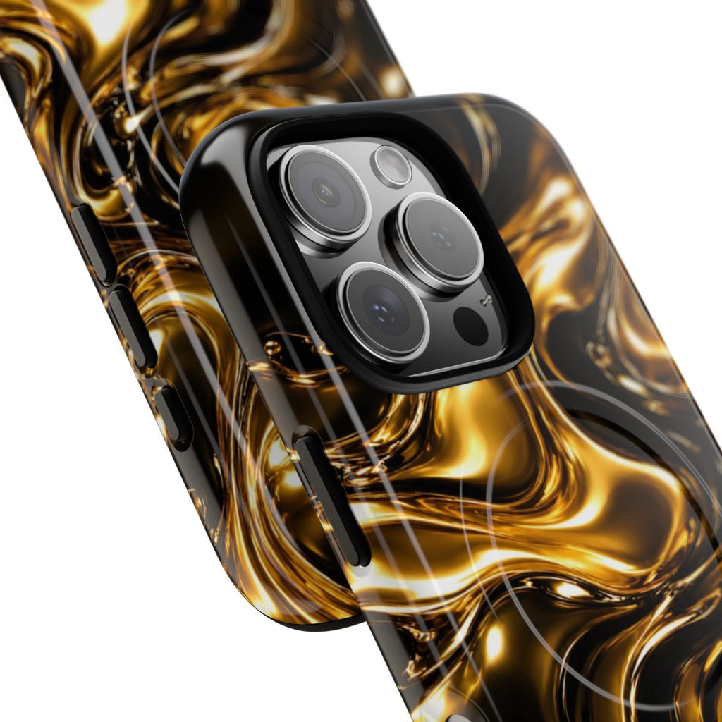Liquid Gold MagSafe-compatible tough case on iPhone 16 Pro, glossy finish (close-up)