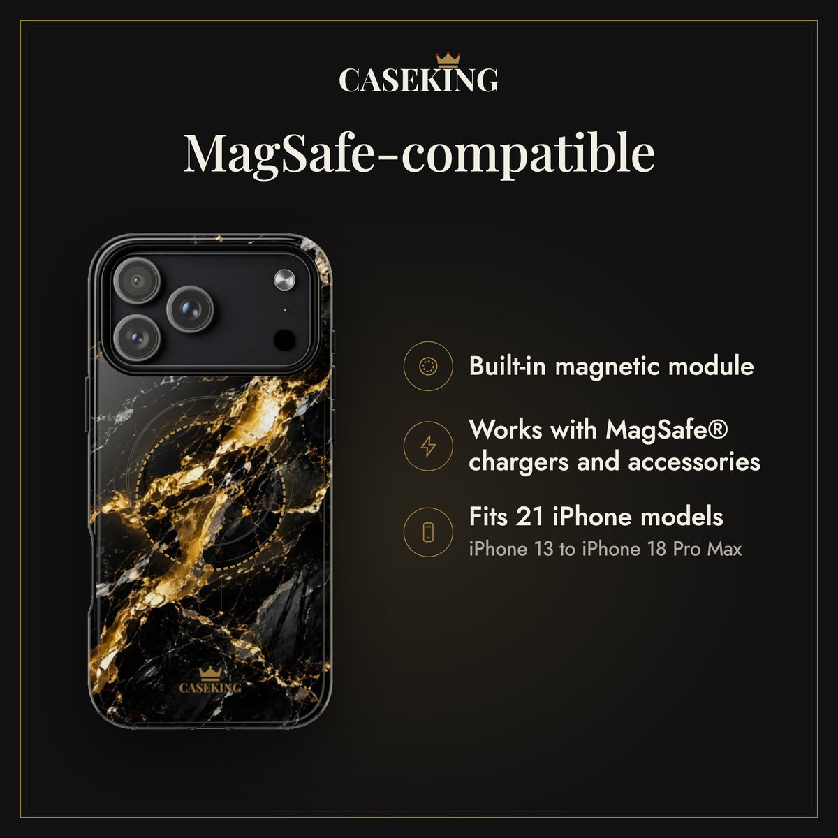 Midnight Black MagSafe-compatible tough case infographic 2: MagSafe-compatible